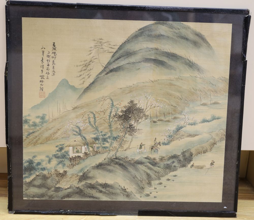 Chinese School, watercolour on silk, Figures in a mountain landscape, signed, 29 x 33cm